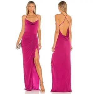 NWT Katie May So Juicy Maxi Dress Cowl Neck Ruched Side Slit Pink Peacock M